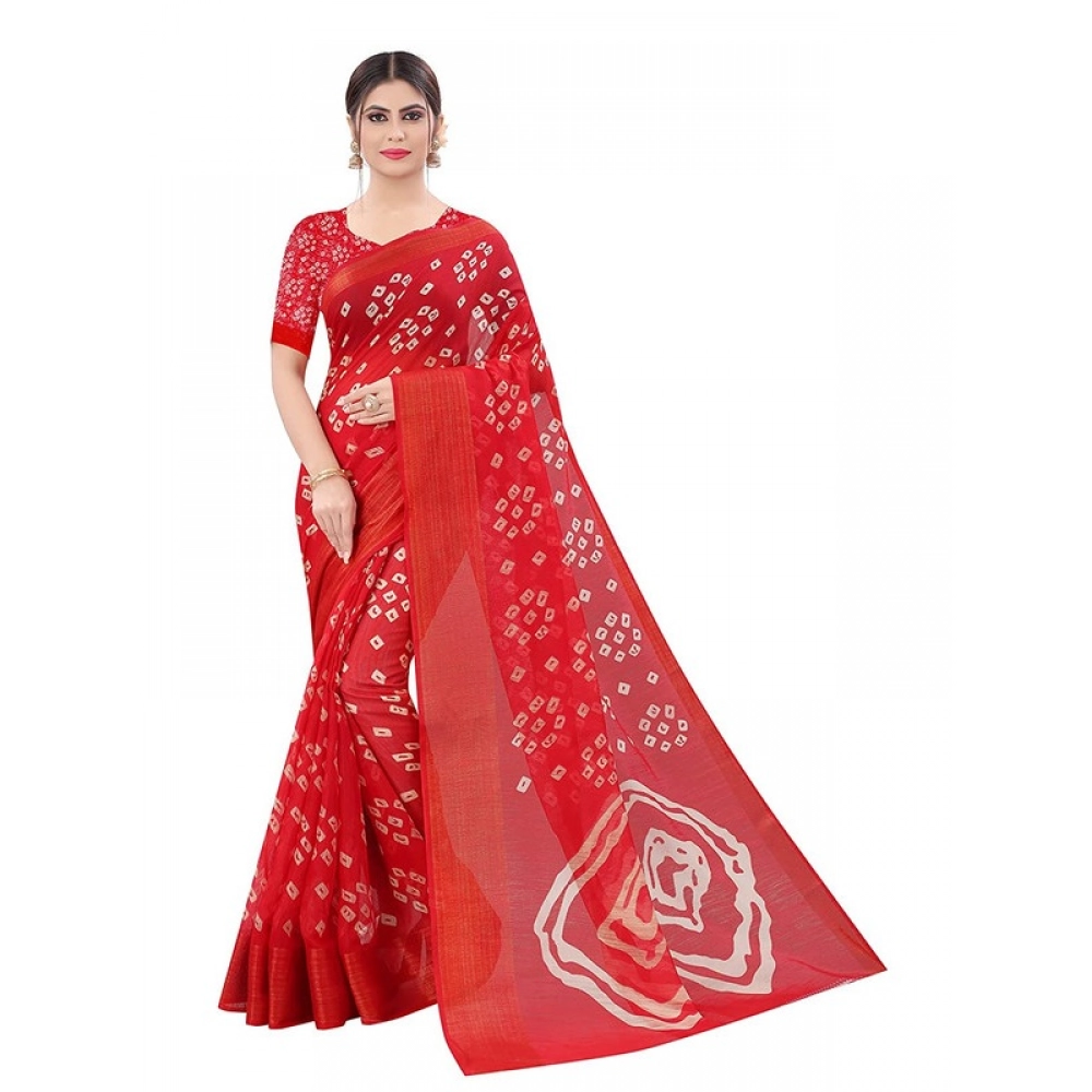 Women's Cotton Silk Bandhni Saree With Unstitched Blouse 5.5Mtr (Red)