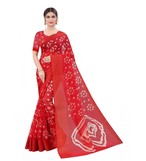 Women's Cotton Silk Bandhni Saree With Unstitched Blouse 5.5Mtr (Red)
