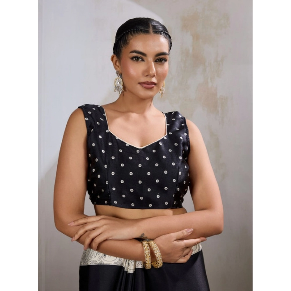 Women's Satin Crepe Printed Saree With Unstitched Blouse 5.5Mtr (Black)