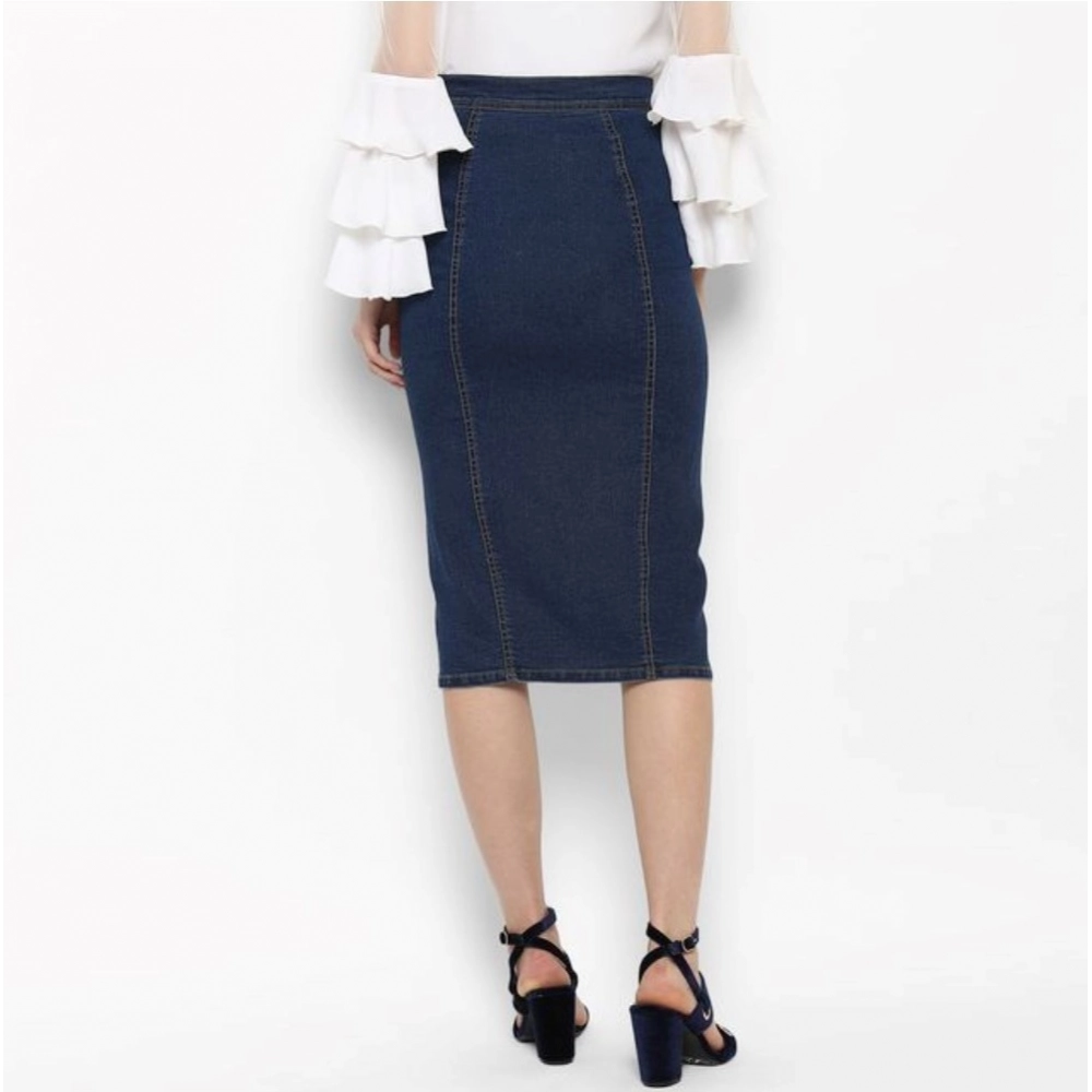 Women's Denim Front Button Buttoned Skirt (Blue)
