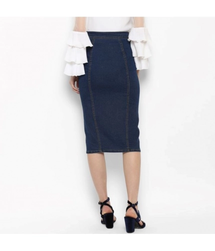 Women's Denim Front Button Buttoned Skirt (Blue)
