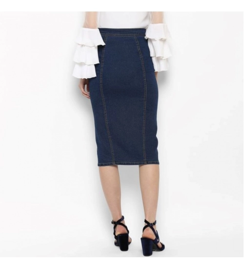 Women's Denim Front Button Buttoned Skirt (Blue) Women's Denim Front Button Buttoned Skirt (Blue)