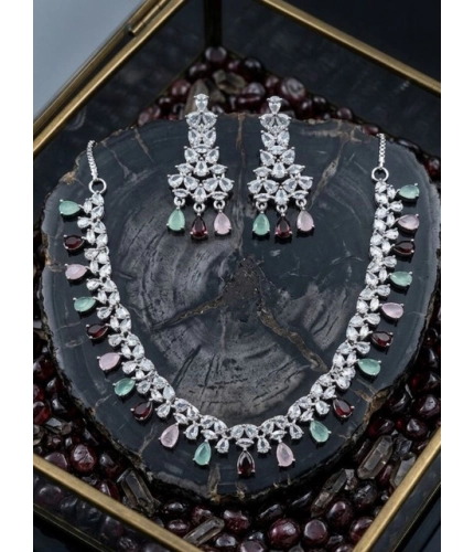 Women's Brass Silver Plated Necklace set (Multicolor)
