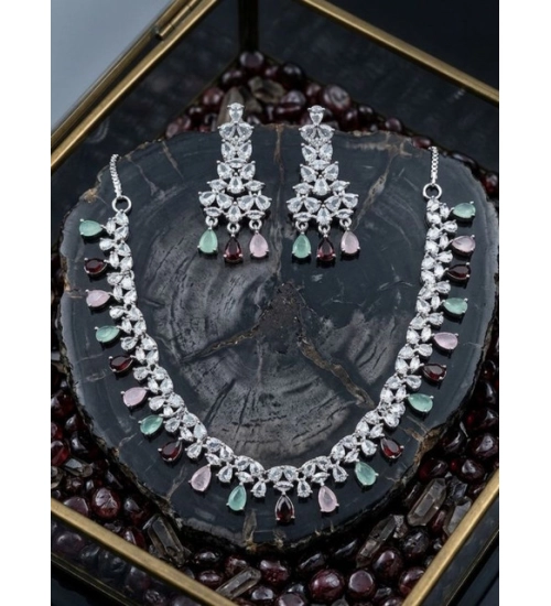 Women's Brass Silver Plated Necklace set (Multicolor)