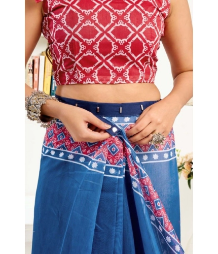 Women's Faux Linen Floral Print Ready to wear Saree With Unstitched Blouse 5.5Mtr (Blue)