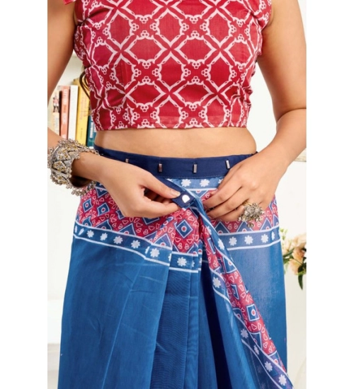 Women's Faux Linen Floral Print Ready to wear Saree With Unstitched Blouse 5.5Mtr (Blue)