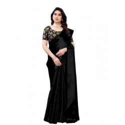 Women's Satin Printed Saree With Unstitched Blouse 5.5Mtr (Black)