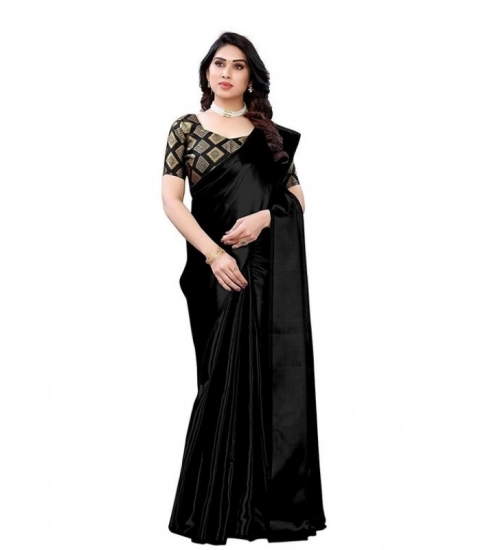 Women's Satin Printed Saree With Unstitched Blouse 5.5Mtr (Black)