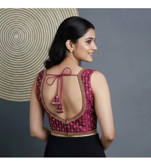 Women's Silk Blend Embroidered V-Neck Non Padded Blouse (Dark Wine 38 Ready (Alterable up to 42)
