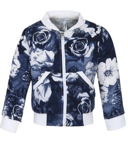 Girl's Polyester Printed Long Sleeves Bomber Jacket (White-Blue)