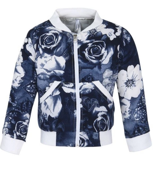 Girl's Polyester Printed Long Sleeves Bomber Jacket (White-Blue)