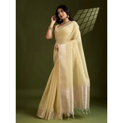 Women's Tissue Checks_With_Buttis Saree With Unstitched Blouse 5.5Mtr (Yellow)