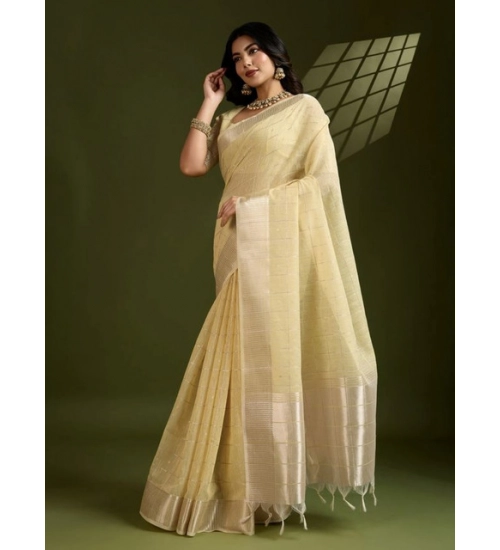 Women's Tissue Checks_With_Buttis Saree With Unstitched Blouse 5.5Mtr (Yellow)