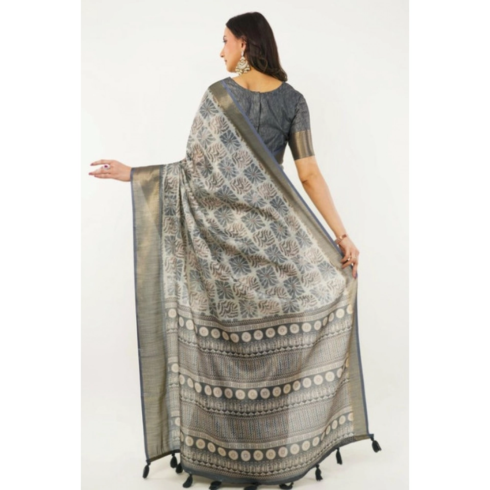 Women's Polyester Printed Saree With Unstitched Blouse 5.5 Mtr (Grey)