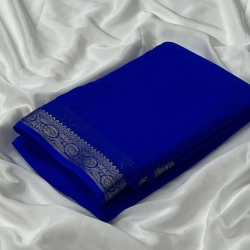 Women's Crepe Chit Pallu Solid Saree With Unstitched Blouse 5.5Mtr (Blue)