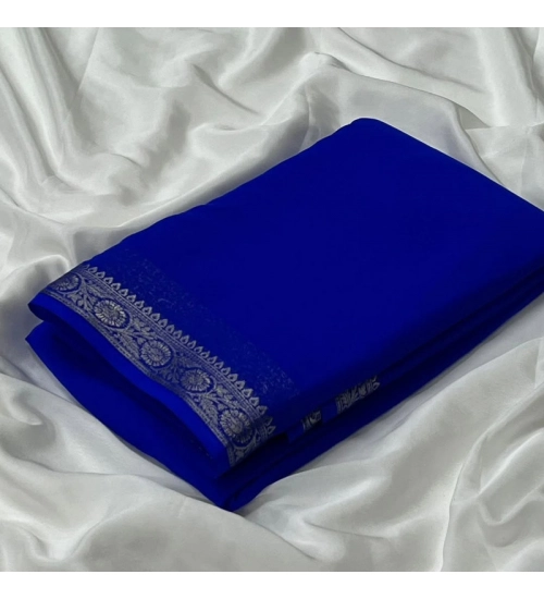 Women's Crepe Chit Pallu Solid Saree With Unstitched Blouse 5.5Mtr (Blue)