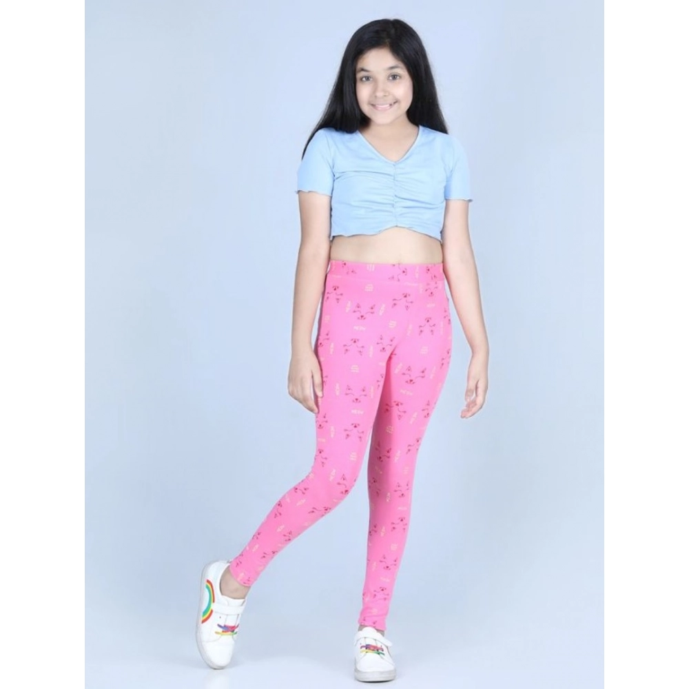 Girl's Cotton Lycra Printed Elasticated Leggings (Pink) Girl's Cotton Lycra Printed Elasticated Leggings (Pink)