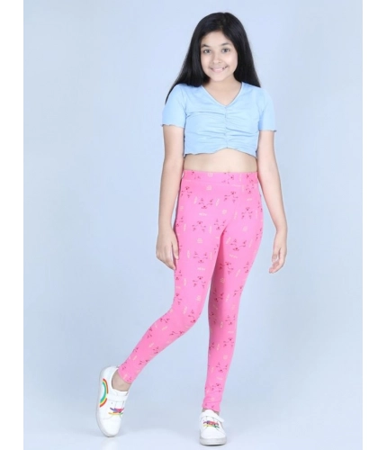 Girl's Cotton Lycra Printed Elasticated Leggings (Pink)