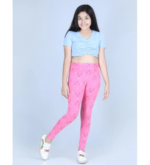 Girl's Cotton Lycra Printed Elasticated Leggings (Pink)