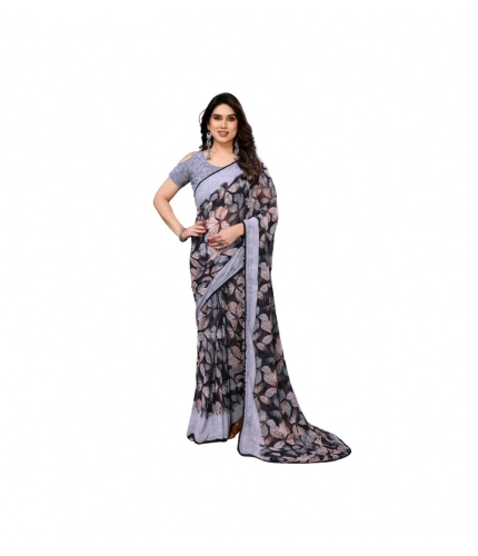 Women's Chiffon Printed Saree With Unstitched Blouse 5.5Mtr (Grey)