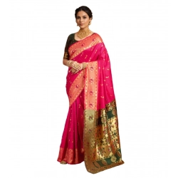 Women's Silk Blend Zari Weaving Saree With Unstitched Blouse 5.5Mtr (Pink)