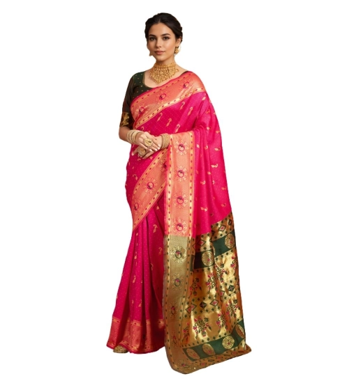 Women's Silk Blend Zari Weaving Saree With Unstitched Blouse 5.5Mtr (Pink)