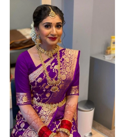 Women's Litchi silk Printed Saree With Unstitched Blouse (Purple)