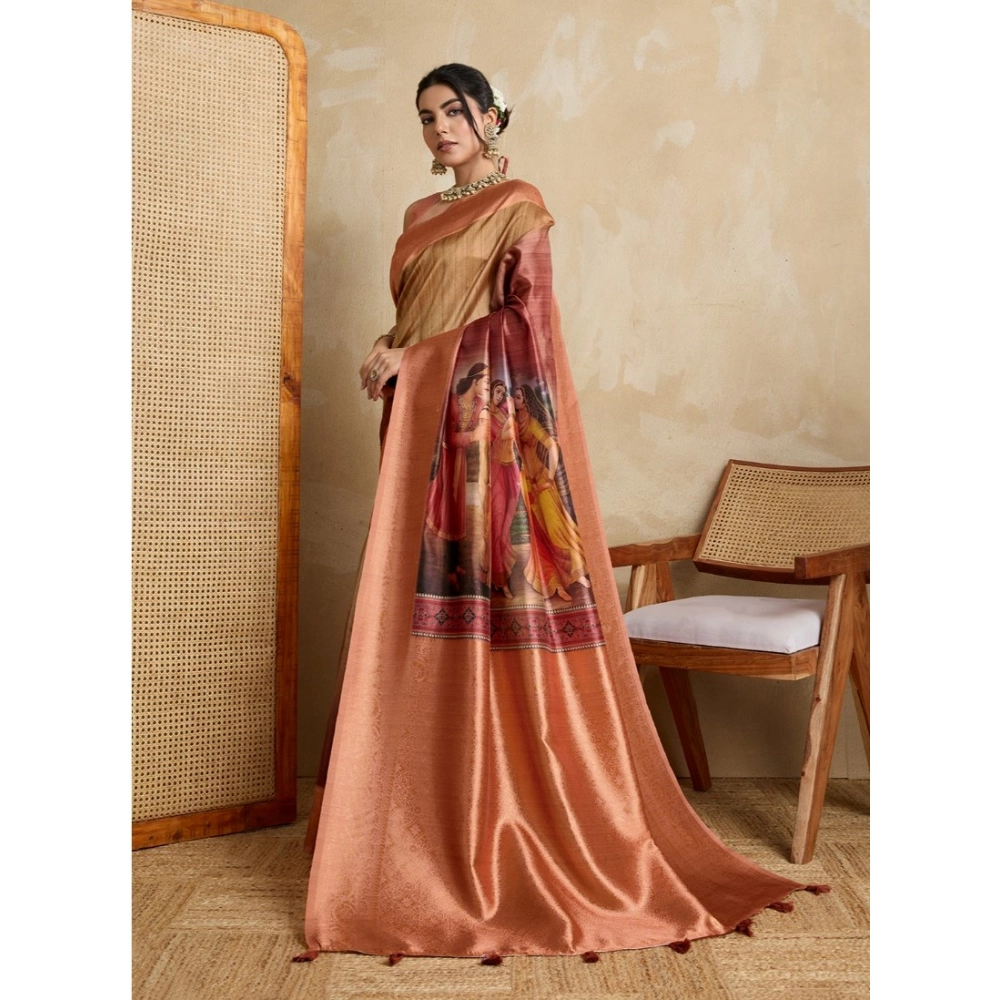 Women's Silk Printed Saree With Unstitched Blouse 5.5Mtr (Peach)