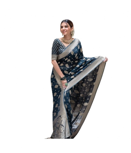 Women's Soft Lichi Silk Printed Saree With Unstitched Blouse 5.5Mtr (Blue)