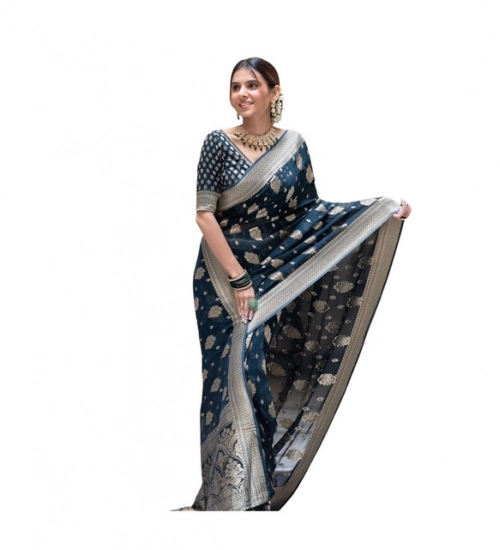Women's Soft Lichi Silk Printed Saree With Unstitched Blouse 5.5Mtr (Blue)