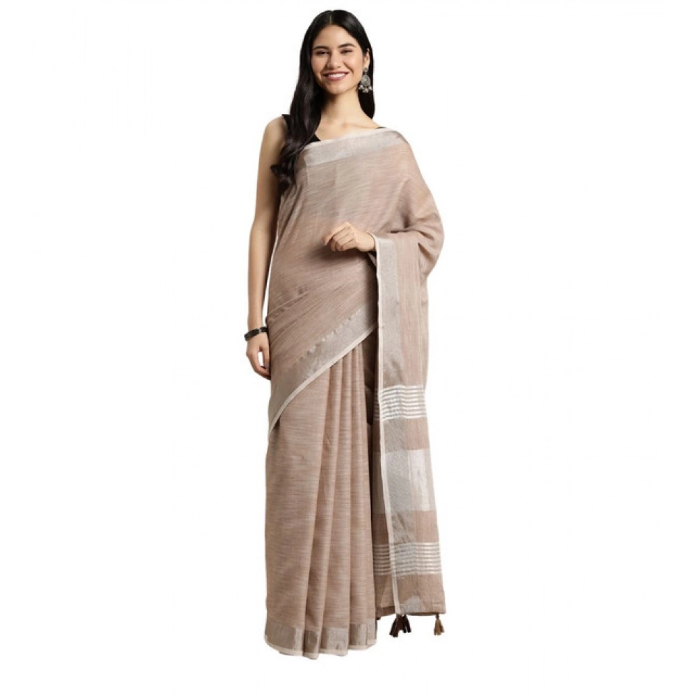 Women's Linen Cotton Printed Saree With Unstitched Blouse 5.5Mtr (Beige) Women's Linen Cotton Printed Saree With Unstitched Blouse 5.5Mtr (Beige)