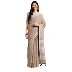 Women's Linen Cotton Printed Saree With Unstitched Blouse 5.5Mtr (Beige)
