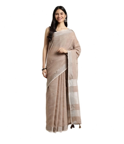 Women's Linen Cotton Printed Saree With Unstitched Blouse 5.5Mtr (Beige)