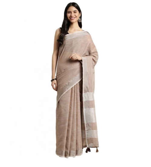 Women's Linen Cotton Printed Saree With Unstitched Blouse 5.5Mtr (Beige)