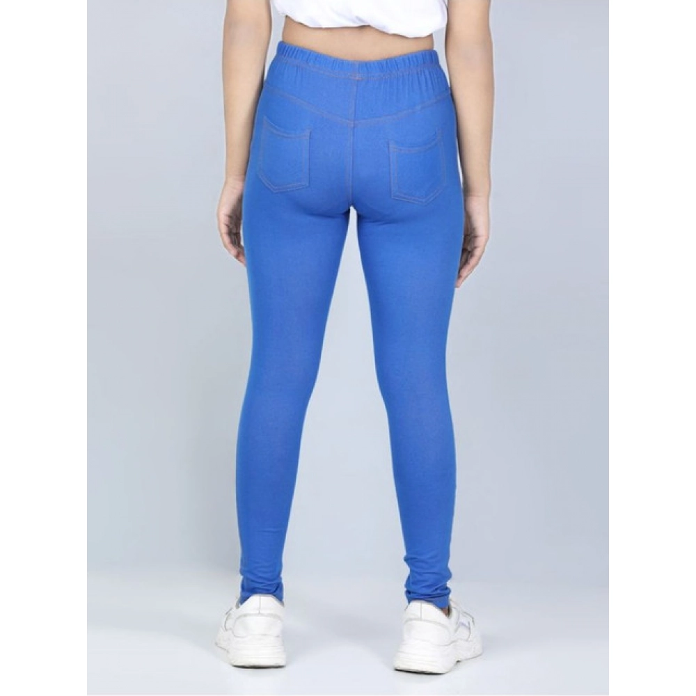 Girl's Cotton Lycra Solid Elasticated Jeggings (Blue)