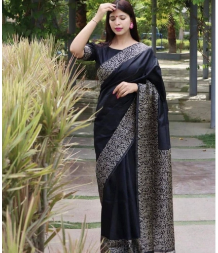 Women's Soft Lichi Silk Printed Saree With Unstitched Blouse 5.5Mtr (Black)