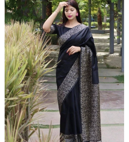 Women's Soft Lichi Silk Printed Saree With Unstitched Blouse 5.5Mtr (Black)