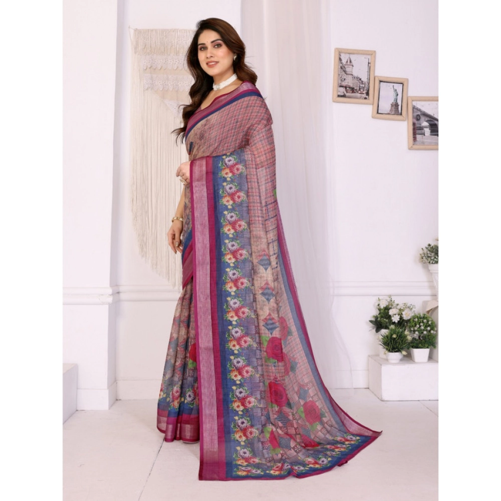 Women's Linen Cotton  Printed Saree With Unstitched Blouse 5.5Mtr (Wine )