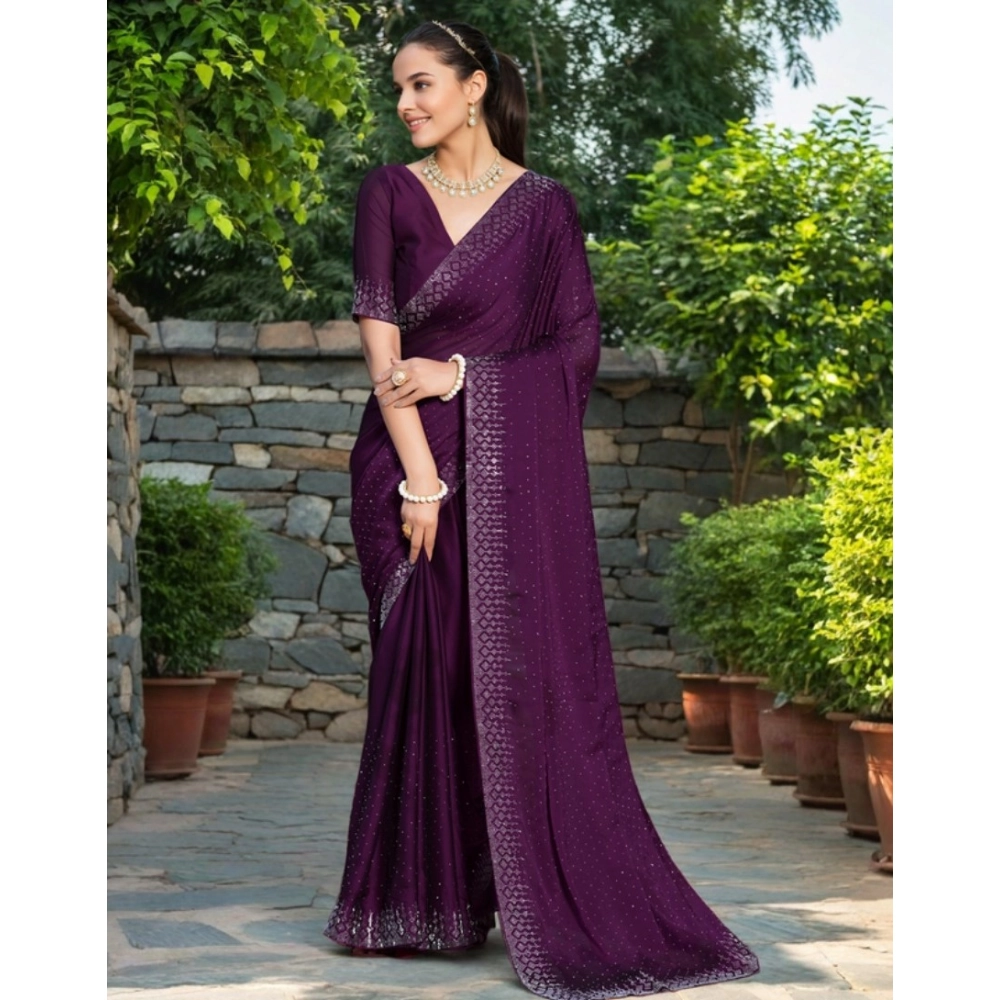 Women's Rangoli Diamond Weaving - Stone Work Saree With Unstitched Blouse 5.5Mtr (Purple) Women's Rangoli Diamond Weaving - Stone Work Saree With Unstitched Blouse 5.5Mtr (Purple)