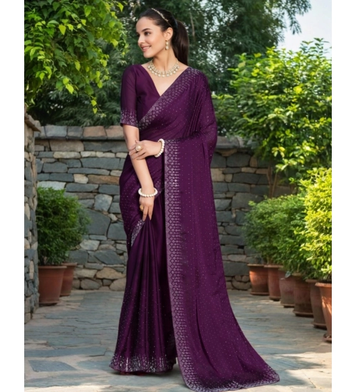 Women's Rangoli Diamond Weaving - Stone Work Saree With Unstitched Blouse 5.5Mtr (Purple)