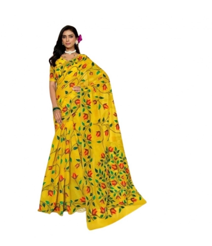 Women's Georgette Printed Saree With Unstitched Blouse 5.5Mtr (Yellow)