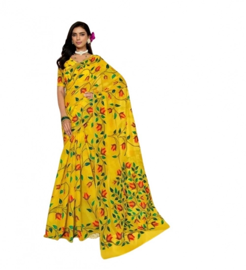 Women's Georgette Printed Saree With Unstitched Blouse 5.5Mtr (Yellow)