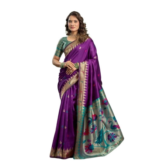 Women's Silk Blend Woven Saree With Unstitched Blouse 5.5 Mtr (Purple)