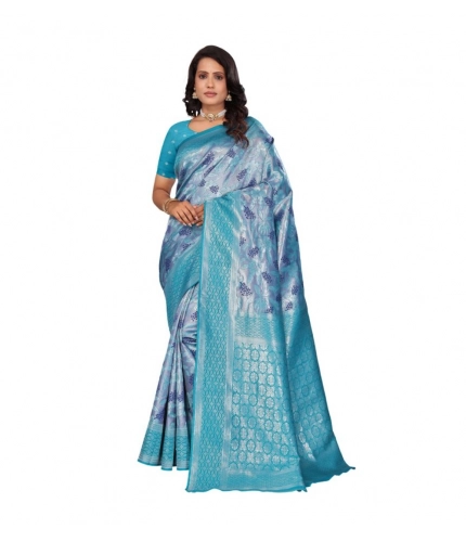 Women's Banarasi Silk Jaquard Woven Saree With Unstitched Blouse 5.5Mtr (Light Blue)