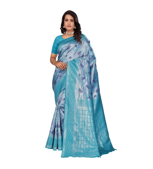 Women's Banarasi Silk Jaquard Woven Saree With Unstitched Blouse 5.5Mtr (Light Blue)