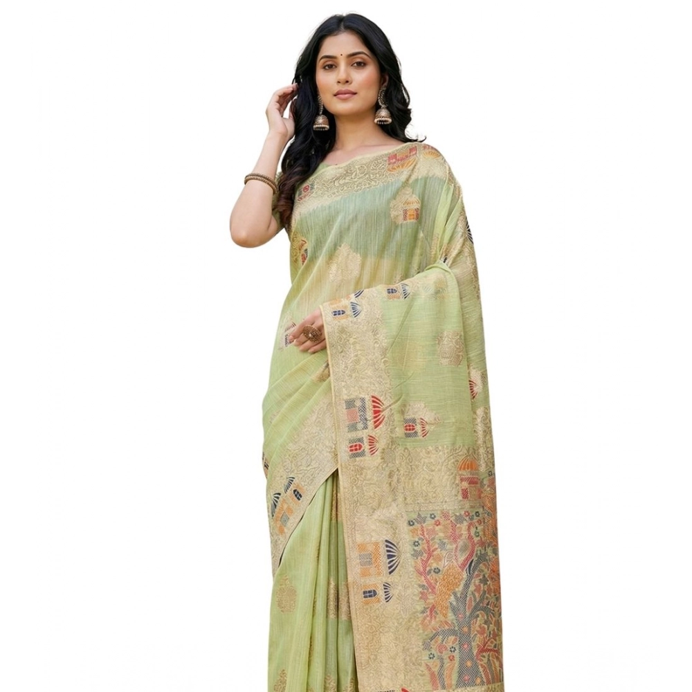 Women's Linen Cotton Printed Saree With Unstitched Blouse 5.5Mtr (Light Green) Women's Linen Cotton Printed Saree With Unstitched Blouse 5.5Mtr (Light Green)