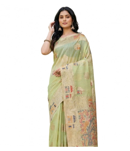 Women's Linen Cotton Printed Saree With Unstitched Blouse 5.5Mtr (Light Green)