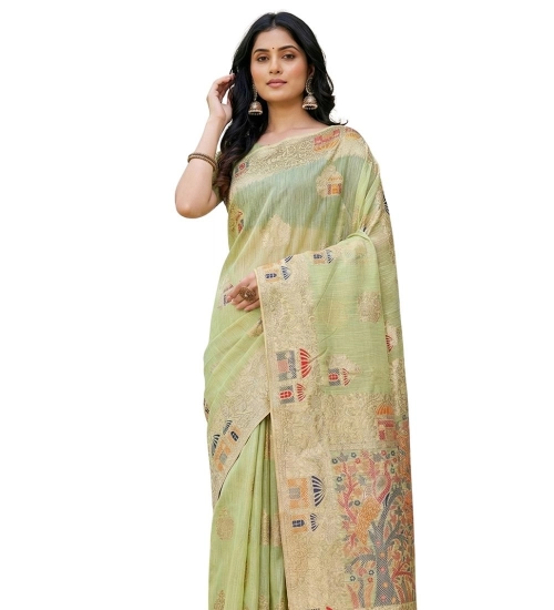 Women's Linen Cotton Printed Saree With Unstitched Blouse 5.5Mtr (Light Green)