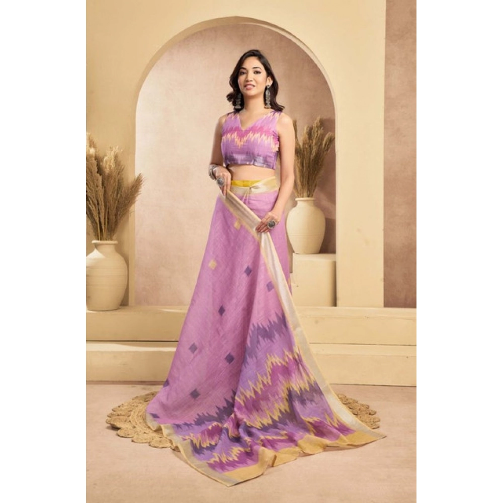 Women's Faux Linen Floral Ready to wear Saree With Unstitched Blouse 5.5Mtr (Lavender)
