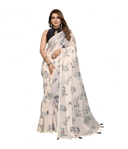 Women's Linen Cotton Printed Saree With Unstitched Blouse 5.5Mtr (Off White)